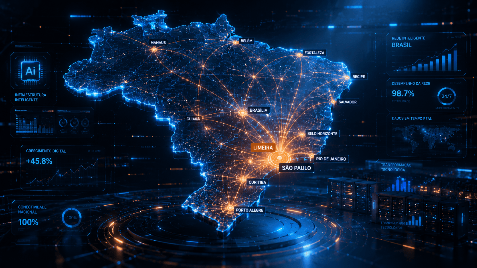Mapa tecnológico do Brasil com rede de expansão HAPP APPS