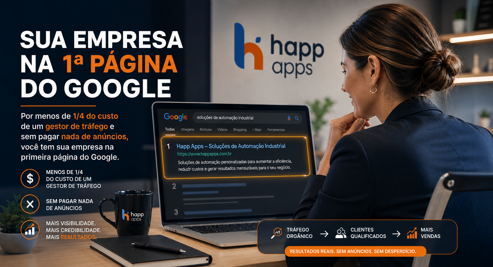 Empresa na primeira página do Google - Resultado Orgânico HAPP APPS